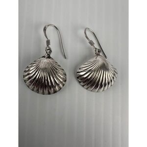 Vintage 925 Sterling Silver Scallop Clam Shell Puffy Dangle Hook Wire Earrings